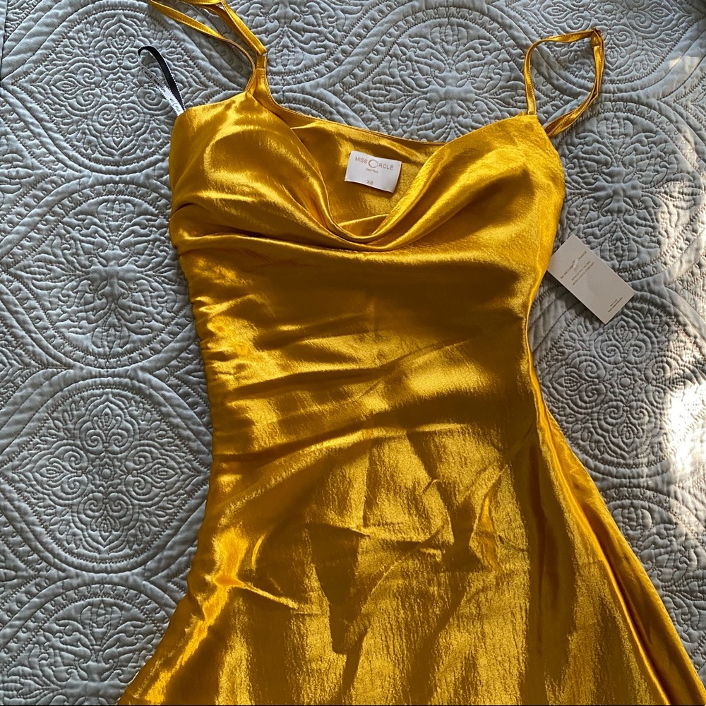 Gold Satin Side Slit Dress - Picture 3 of 9